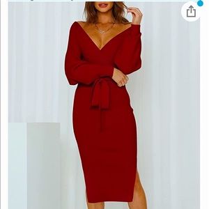 V Neck Sweater Wrap Dresses Batwing Sleeve Sexy Backless Slit Maxi Knit Dress